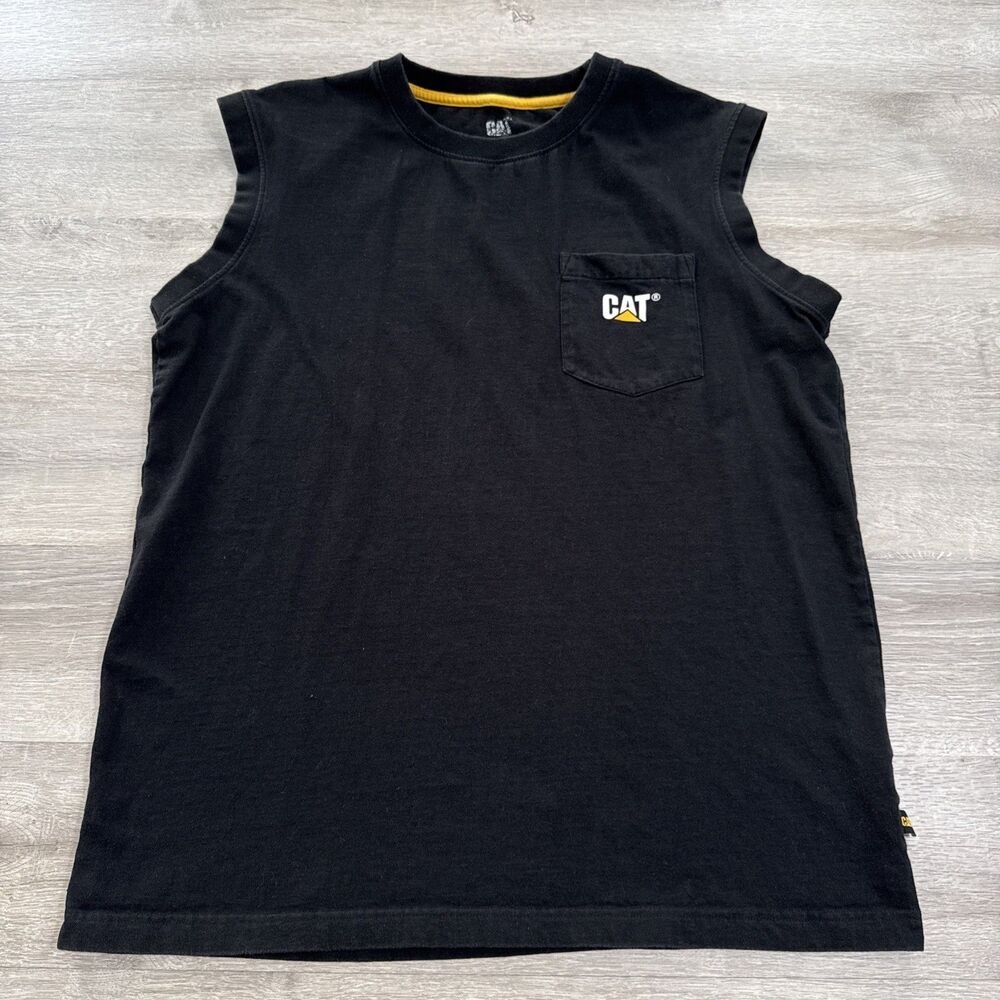 CAT Sleeveless Shirt Men's Black Pocket Logo Tank Top Large Cotton Blend